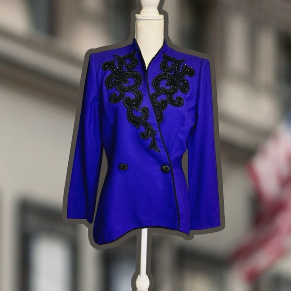 John Meyer of Norwich Vintage Indigo Purple & Black Brocade Sequin Wool Blazer - Picture 3 of 16